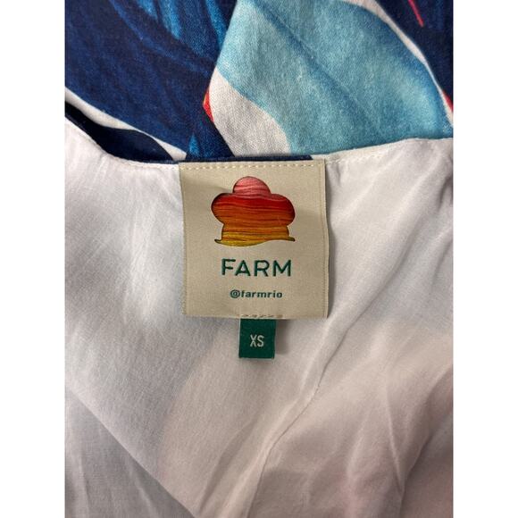 Farm Rio Dress XS Womens Linen Blue Tropical Palm Floral Wrap Mini Jewel Tassel - Picture 7 of 8